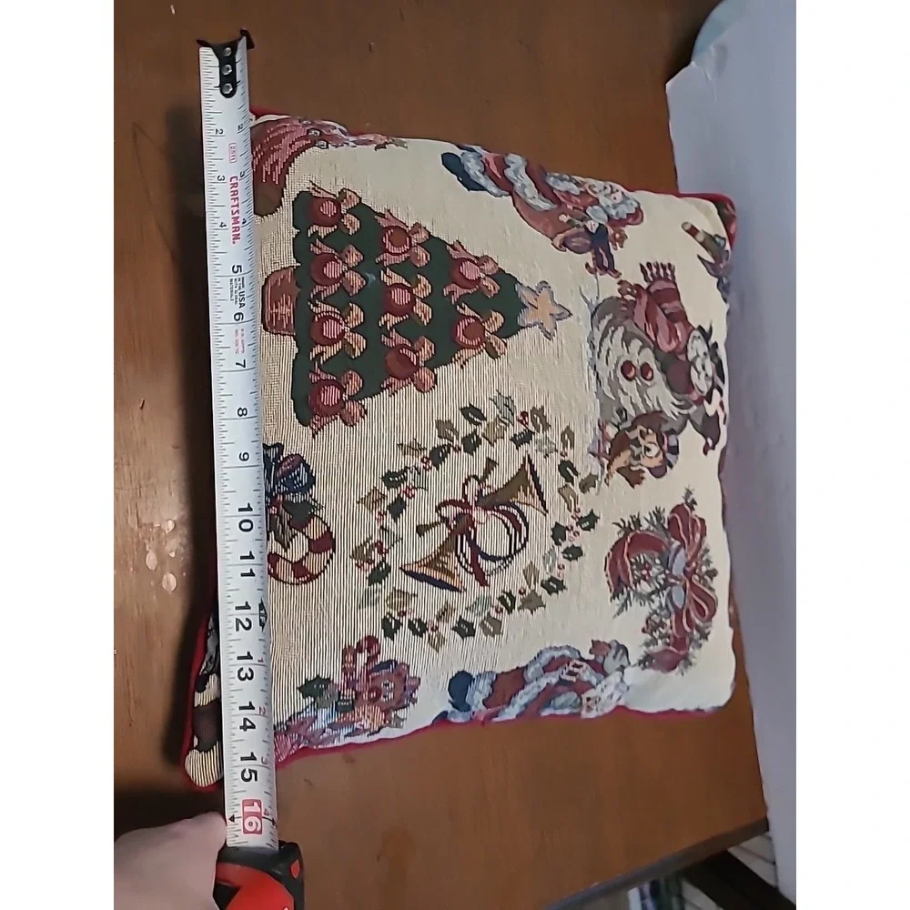 VTG Embroidered Christmas Tapestry Pillow 15x15‎ Snowman Santa Christmas Tree